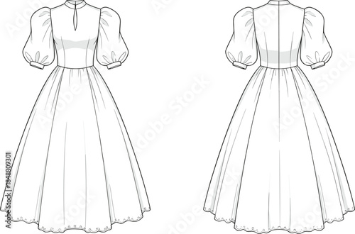 Front and back view women puff sleeve maxi dress vector illustration, fitted waist elegant technical fashion drawing