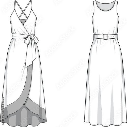 Front and back view women wrap maxi dress vector illustration, crossover strap belted sleeveless technical fashion drawing