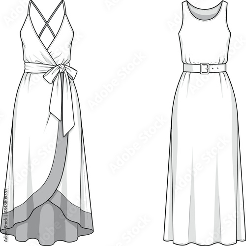 Front and back view women wrap maxi dress vector illustration, sleeveless belt design technical fashion drawing