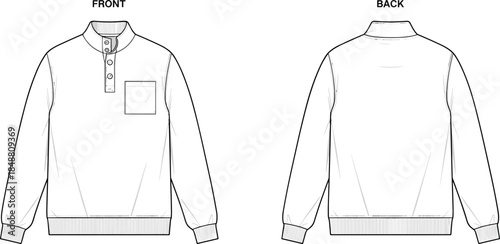 Men's long sleeve pullover sweatshirt technical fashion flat sketch front and back view vector illustration design