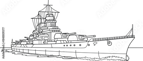 Battleship warship line art illustration detailed naval military vessel with cannons armored deck ocean combat ship black white vector