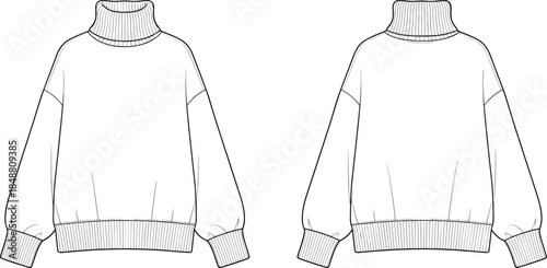 Oversized turtleneck sweater technical fashion flat sketch front and back view vector illustration for apparel design