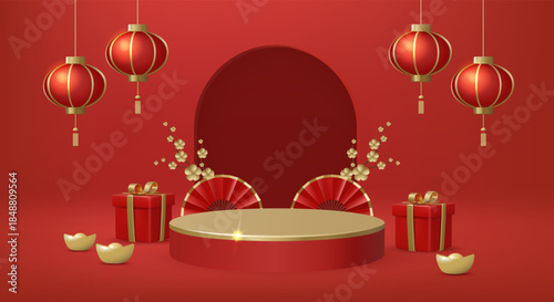 3D vector illustration of red product podium with chinese lanterns and gold ingots. Concept for lunar new year sale background and holiday promotion. Minimalist and clean modern festive design.