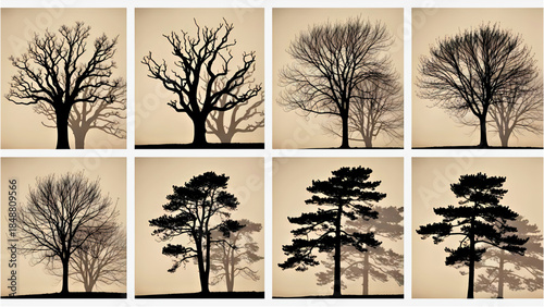 Collection of bare and evergreen tree silhouettes in warm tones