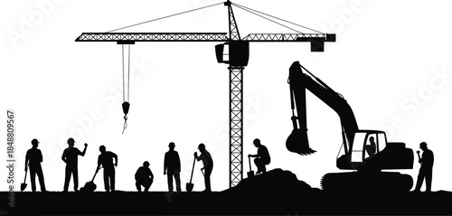Construction site silhouettes with workers, crane operation, heavy excavator machinery, teamwork, labor activity, industrial development and building process during outdoor work