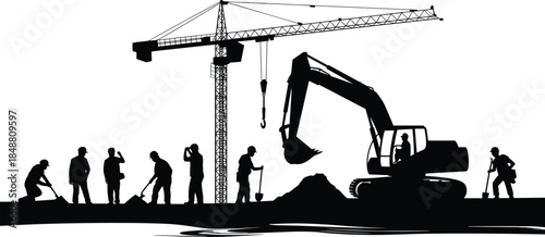 Construction workers and heavy machinery silhouettes with crane, excavator, tools, teamwork, industrial site activity, and building process in outdoor environment