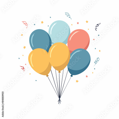 Vibrant balloons floating with colorful confetti and streamers