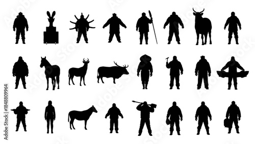 Silhouettes of hunters and animals in various poses and actions