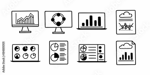 Collection of Icons Representing Data Analysis and Business Insights on Various Devices and Documents