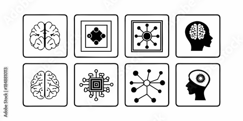 Intelligent systems and human cognition graphic collection featuring abstract brains, digital processing, and interconnected neural network concepts