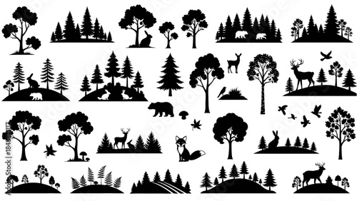 Black silhouettes of forest animals and trees on white background