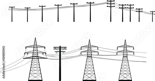Electric power transmission lines and utility poles silhouette illustration set featuring high voltage towers energy infrastructure black vector design