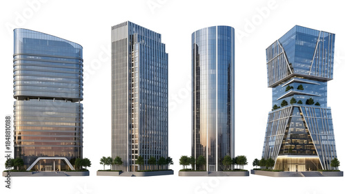 Four glass-clad modern skyscrapers, isolated on a transparent background, representing contemporary urban architecture and business environments