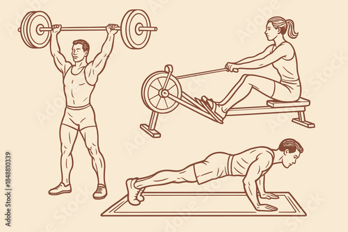 Vintage fitness training illustration with American athletes weightlifting, rowing and doing push-ups for gym workout and health promotion. Vector illustration.