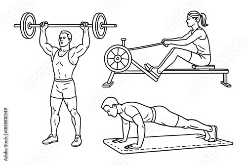 Fitness workout with American athletes weightlifting, rowing and doing push-ups for gym training and health illustration. Vector illustration.