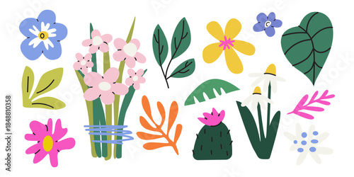 Hello Spring. Set of wild flowers, leaves, bouquet, herbs. Bright spring elements and shapes. Vector nature illustration for seasonal design and holidays, greeting cards, patches, labels, stamps