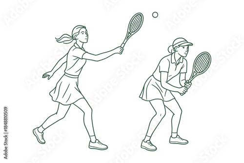 Vintage female tennis players in action playing a match on court for sport, competition, and training design. Vector illustration.
