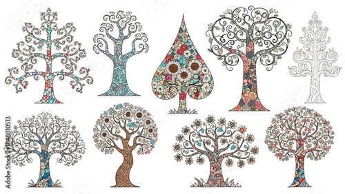 Vibrant tree illustrations with floral patterns and swirling branches