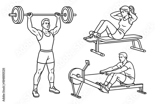 Vintage fitness illustration of athletes training with gym equipment: weightlifting, rowing machine, and sit-up bench. Vector illustration.