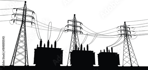 High voltage power transmission towers and transformers silhouette illustration showing electrical grid infrastructure energy distribution industrial technology design