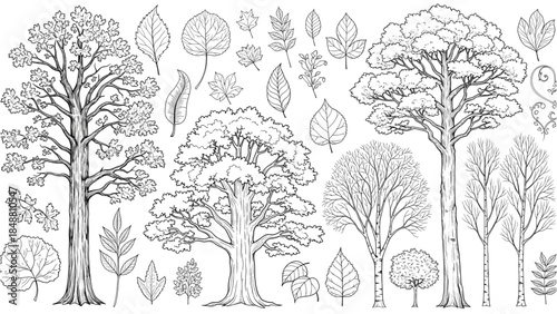 Detailed illustrations of various tree types and leaves in a collection