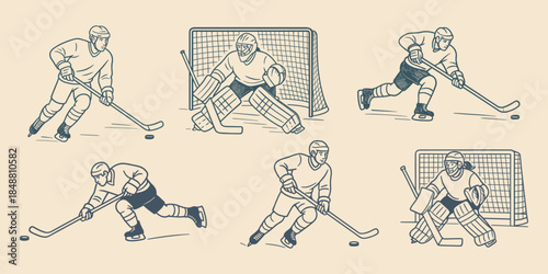 Vintage style illustration of ice hockey players and goalkeepers in action, playing with puck on ice rink. Vector drawing.