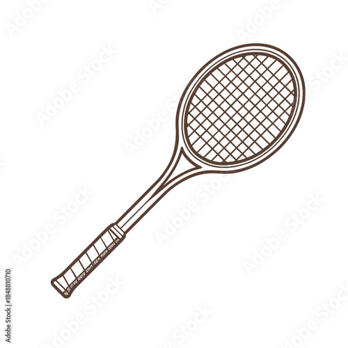 Vintage hand-drawn illustration of a classic tennis racket. Detailed retro sketch style with crosshatch strings and wrapped handle.