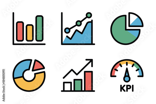 Colorful icons representing data analysis: bar chart, line graph, pie chart, KPI dashboard