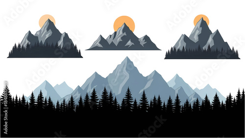 Majestic mountain landscapes with pine trees and sunset