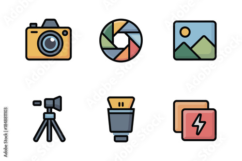 Creative icons for photography and videography, featuring cameras, tripod, and lighting.