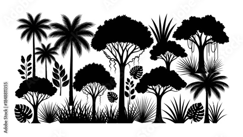 Tropical jungle landscape with diverse palm trees and foliage in black silhouette