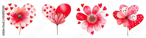 Set of hand-painted red watercolor flower with hearts
