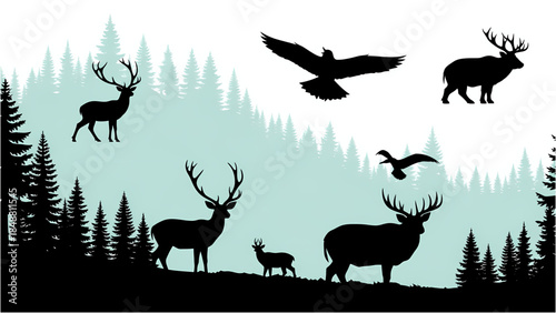 Silhouettes of deer and birds in a misty forest landscape with pine trees