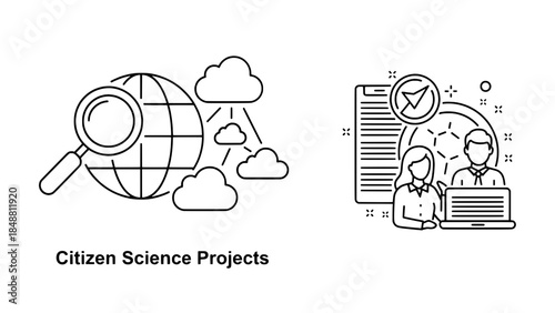 Citizen Science Projects: Globe with magnifying glass and cloud icons beside a team collaboration scene