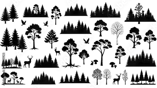 Black silhouettes of trees, deer, and birds in forest landscape
