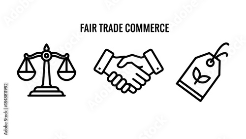 Fair Trade Commerce: scales, handshake, and leaf-tag vector icons