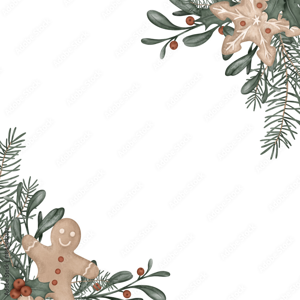 Fototapeta premium Square frame watercolor illustration with pine branches, fir tree. Postcard for holly and red berries and sweet cookie gingerbread. Hand drawn new year illustration .