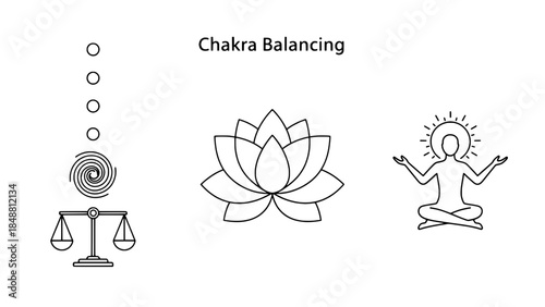 Chakra Balancing: Minimalist lotus icon with meditating figure and energy balance symbols