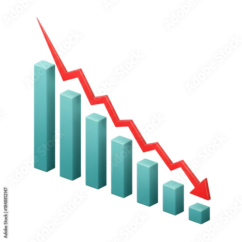 Free Download Bar chart with a red arrow indicating a downward trend, isolated on a transparent background, representing decline and negative performance - GFXLoad