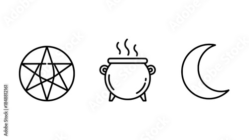 Set of three line icons: pentagram in a circle, steaming cauldron, and crescent moon