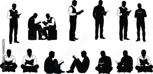 Black silhouette vector illustration showing seven people standing side by side while reading books, symbolizing education, literacy, continuous learning, and the sharing of knowledge in a modern, min