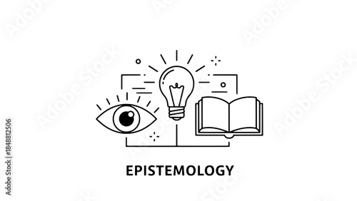 Epistemology concept illustration with eye, light bulb and open book in line art