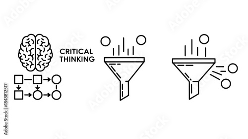 Brain and critical thinking flowchart with funnel icons – outline vector illustration