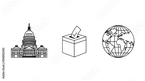 Capitol building, ballot box and globe icons — outline vector illustration representing democracy and global voting