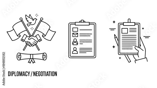 Diplomacy and negotiation icons: handshake with flags, clipboard checklists, and document signing (vector line art)