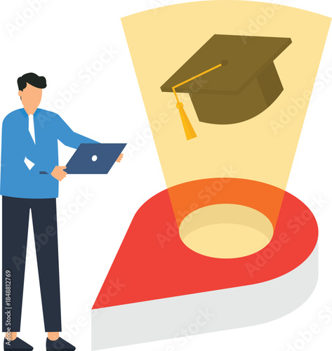 Businessman on money tree with telescope seeking financial growth investment opportunity business vision for future success profit growth wealth management market forecast return on investment