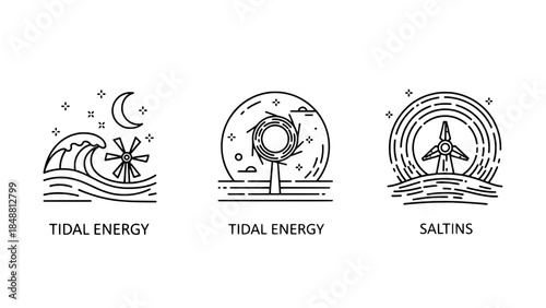 Three vector line-art icons illustrating tidal energy concepts: wave-powered turbine, offshore tidal turbine, and circular wind/tide energy symbol