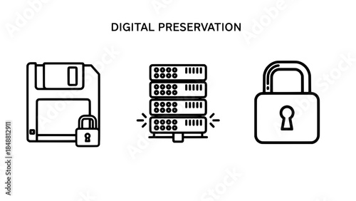 Digital Preservation: secure data storage, server racks and lock icons (outline vector)