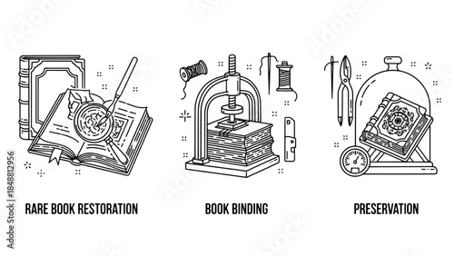 Vintage line-art icons: rare book restoration, book binding and preservation