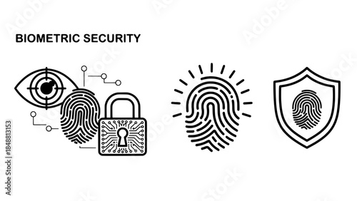 Biometric Security Icons: eye, fingerprint, padlock and shield in a minimalist outline vector style